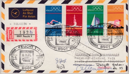 BRD - Feucht 1972, Int. Förderkreis Oberth, SST a. Lupobrief n. BELGIEN, retour