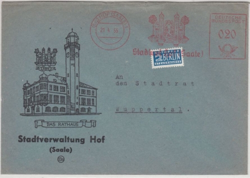 BRD - Hof 1955, 20 Pfg. AFS "Stadtverwaltung", illustr. Brief n. Wuppertal