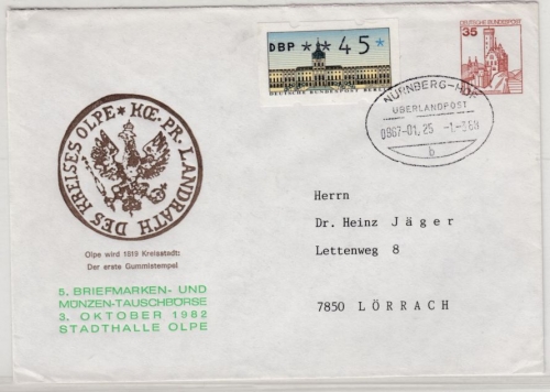 BRD - 35 Pfg. B&S Privat-GA-Umschlag Tauschbörse Olpe +Zusatz, Bahnpost Nürnberg