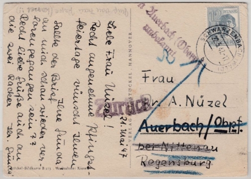 All.Bes. - "In Auerbach (Oberpf) unbekannt", L2 a. Karte v. Schwarzenbach 1947