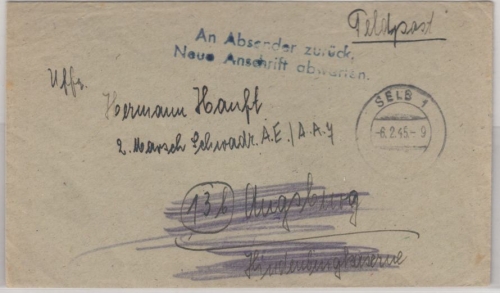 DR - Feldpost 1945, "An Absender zurück - neue Anschrift abwarten", L2 a. Brief