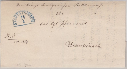 Bayern - Stadtsteinach 18/4 (1872), blauer HKS a. Dienstbrief n. Untersteinach