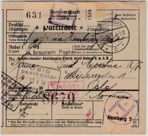 DR - Gummersbach 1925 Gebühr bezahlt Ra2 Paketkarte/Selbstbucher n. NORWEGEN