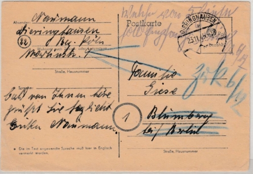 All.Bes. - 6 Pfg. bezahlt, Aushilfs-GA-Karte Dieringhausen - Blumberg 23.11.45