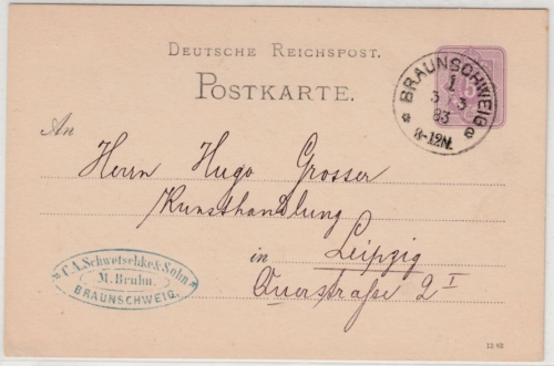 DR - Braunschweig 1e, 1883, Klauckestempel a. 5 Pfg. GA-Karte n. Leipzig