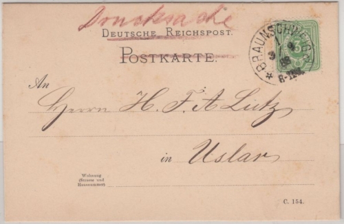 DR - Braunschweig 1e, 1888, Klauckestempel a. 3 Pfg. Drucksachenkarte n. Uslar