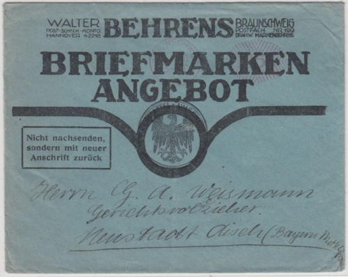 DR - Braunschweig 1921, 15 Pfg. Post-Freistempel, illustr. Drucksachenbrief n.