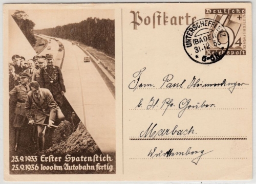 DR - Unterschefflenz (Baden), KOS a. 6 Pfg. Sonder-GA-Karte (Autobahn) 31.12.36