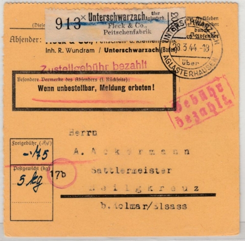 DR - Unterschwarzach ü. Aglasterhausen, Gebühr bezahlt Ra2 a. Paketkarte 1944