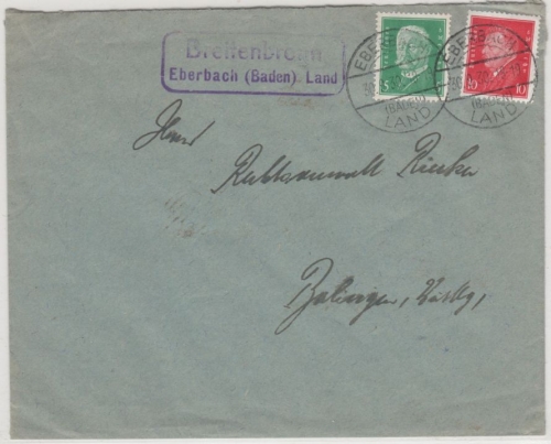 DR - Breitenbronn Eberbach (Baden) Land, Landpost-Ra2 a. Brief n. Balingen 1930