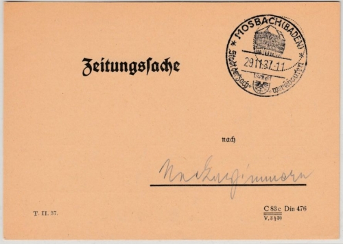 DR - Mosbach - Stadt d. Fachwerkbauten 1937, Handwerbestempel a. Zeitungsache