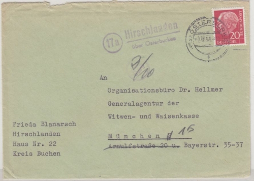 BRD - (17a) Hirschlanden ü. Osterburken, Landpost-L2 a. Brief n. München 1958