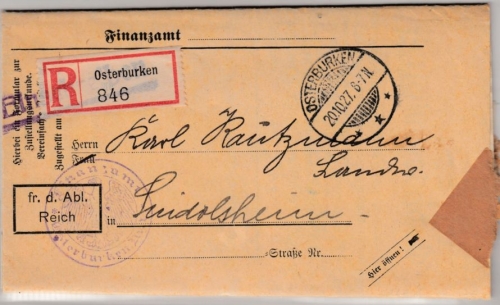 DR - Osterburken 1927, Frei d. Ablösung/Einschreibebrief n. Sindolsheim