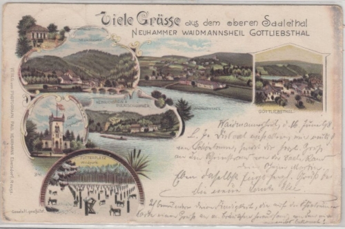 Thüringen - Saalethal (Neuhammer etc.), Mehrbild-Farblitho gelaufen 1898