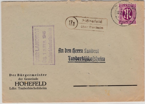 AM-Post - (17a) Höhefeld ü. Wertheim Landpost-Ra2 a. Brief n. Tauberbischofsheim