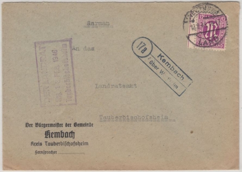 AM-Post - (17a) Kembach ü. Wertheim Landpost-Ra2 a. Brief n. Tauberbischofsheim
