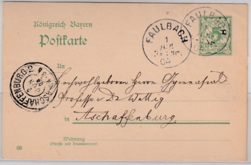 Bayern - Faulbach 1904, K1 a. 5 Pfg. GA-Karte n. Aschaffenburg, Stpl. RR!