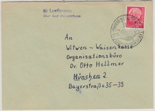 BRD - (14a) Lustbronn ü. Bad Mergentheim, Landpost-L2 a. Brief n. München 1958