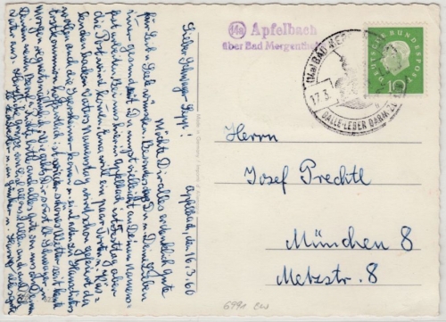 BRD - (14a) Apfelbach ü. Bad Mergentheim, Landpost-L2 a. Karte n. München 1960
