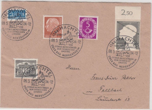 BRD - Hachtel ü. Bad Mergentheim, Mergenthal -SST a. Brief n. Fellbach 1954