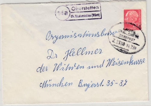 BRD - (14a) Oberstetten ü. Niederstetten. Landpost-Ra2 a. Brief n. München 1959