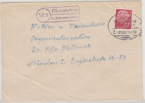BRD - (14a) Oberstetten ü. Niederstetten Landpost-Ra2 + BP Briefn. München 1959