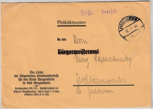 All.Bes. - Bad Mergentheim 25.1.46, Gebühr bezahlt, L1 a. Geschäftspapieren n.