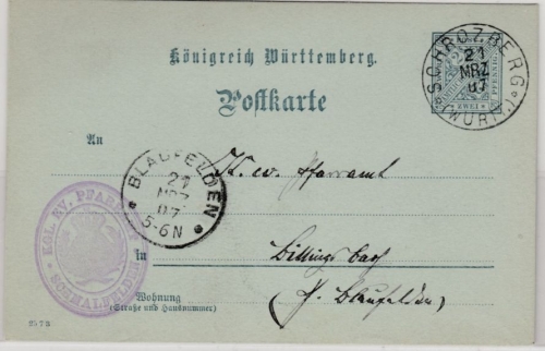 Württemberg - 2 Pfg. GA-Karte/Oberamtsverkehr Schrozberg - Blaufelden 1907