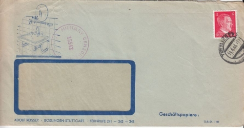 DR - 12 Pfg. AH, illustr. Firmenbrief Tuttlingen 14.4.45, US-Zensur/Überroller