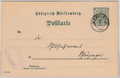 Württemberg - Wehingen 1902, kl. K2 a. 5 Pfg. GA-Karte n. Schörzingen