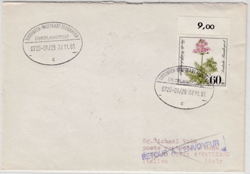 BRD - Überlandpost Tuttlingen - Stuttgart/Flughafen 0720-01/29, Brief n. ITALIEN