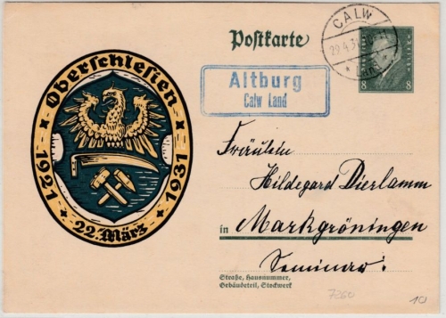 DR - Altburg Calw Land, Landpost-Ra2 a. 8 Pfg. Sonder-GA-Karte 1931 n.