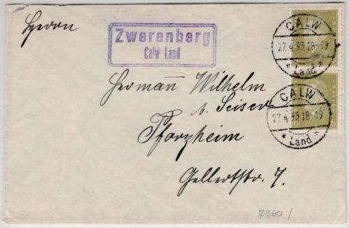 DR - Zwerenberg Calw Land, Landpost-Ra2 a. Brief n. Pforzheim 1933
