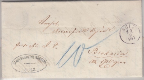 Württemberg - Sulz 1880, K1 a. Wendebrief/Nachporto n. Berkheim, innen 10 Pfg.