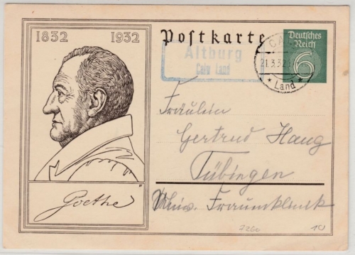 DR - Altburg Calw Land, Landpost-Ra2 a. 6 Pfg. Goethe Sonder-GA-Karte 1932 n.