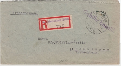 All.Bes. - Bad Liebenzell 18.1.46, Gebühr bezahlt, L1 a. Einschreibebrief n.