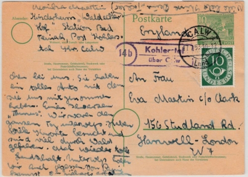 BRD - (14b) Kohlerstal ü. Calw, Landpost-Ra2 a. GA-Karte+Zusatz n. ENGLAND 1953