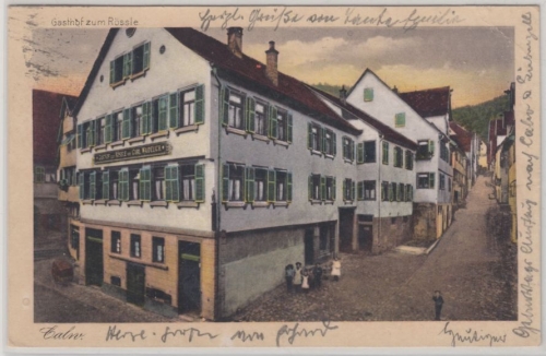 Baden-Württemberg - Calw, Gasthof z. Rössle, Farb-AK, gelaufen 1928, kl. Eckbug