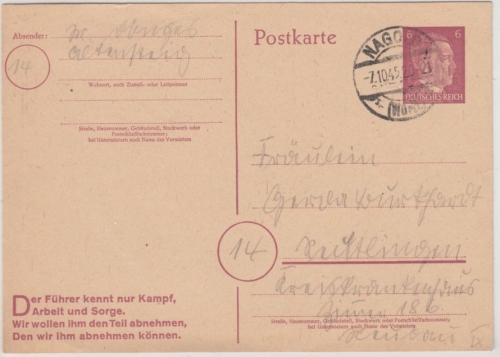 DR - 6 Pfg. AH GA-Karte Nagold (Altensteig) 7.10.45 n. Reutlingen