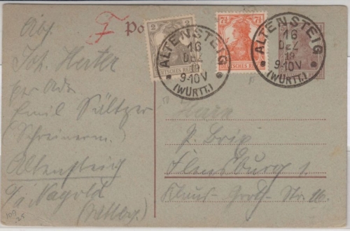 DR - 5 1/2 Pfg. Germania GA-Karte+Zusatz, Altensteig - Flensburg 1919