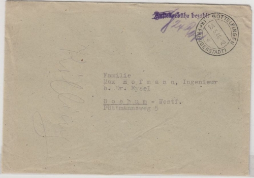 All.Bes. - Göttelfingen 23.5.46, (Zustell)Gebühr bezahlt, L1 a. Brief n. Bochum