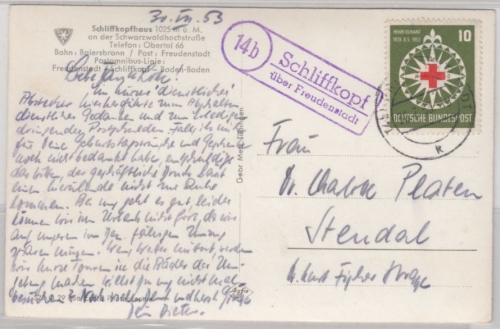 BRD - (14b) Schliffkopf ü. Freudenstadt, Landpost-Ra2 a. Karte n. Stendal 1953