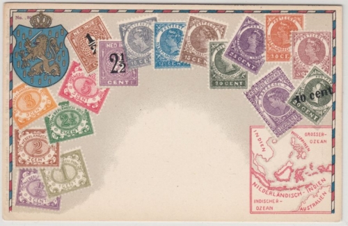 Niederl. Indien - Briefmarken-Farb-AK, ungelaufen ca. 1910