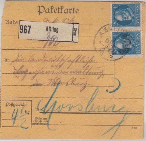 Bayern - 2x20 Pfg. Ludwig, Paketkarte Aßling - Moosburg 1918