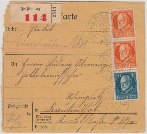 Bayern - 2x30+20 Pfg. Ludwig, Einschreibe-Paketkarte Forstinning 1917 n.