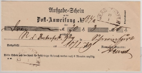 Bayern - Gerolzhofen 10/1 (1879), HKS a. Aufgabeschein f. Postanweisung
