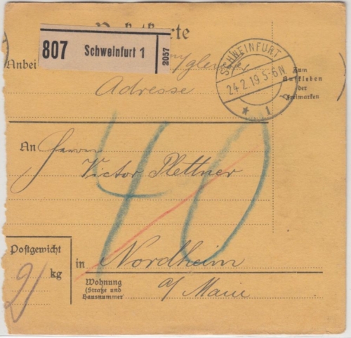 Bayern - Schweinfurt 1919, unfreie Paketkarte n. Nordheim, 40 Pfg. Nachporto