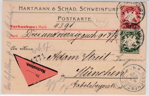 Bayern - 5+10 Pfg. Wappen, Nachnahmekarte Schweinfurt - München 1909