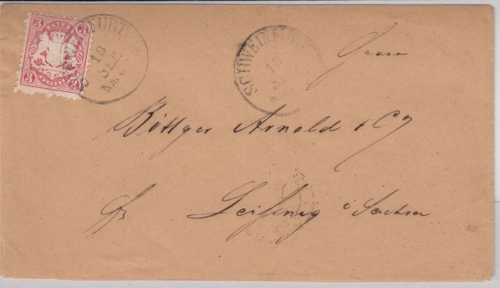 Bayern - 3 Kr. Wappen/gez., Brief K1 Schweinfurt - Leisnig/Sachsen 1873