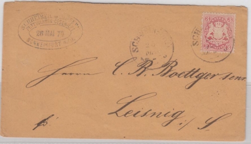 Bayern - 3 Kr. Wappen/gez., Brief K1 Schweinfurt - Leisnig/Sachsen 1874